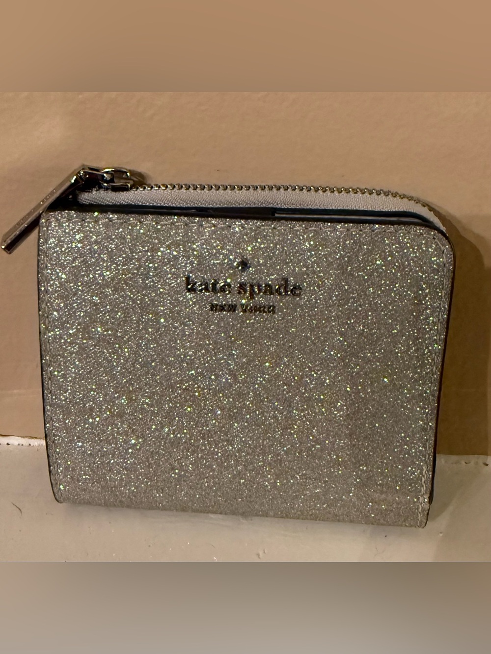 kate spade Glitter Zip-around Bi-fold Wallet in silver sparkle EUC